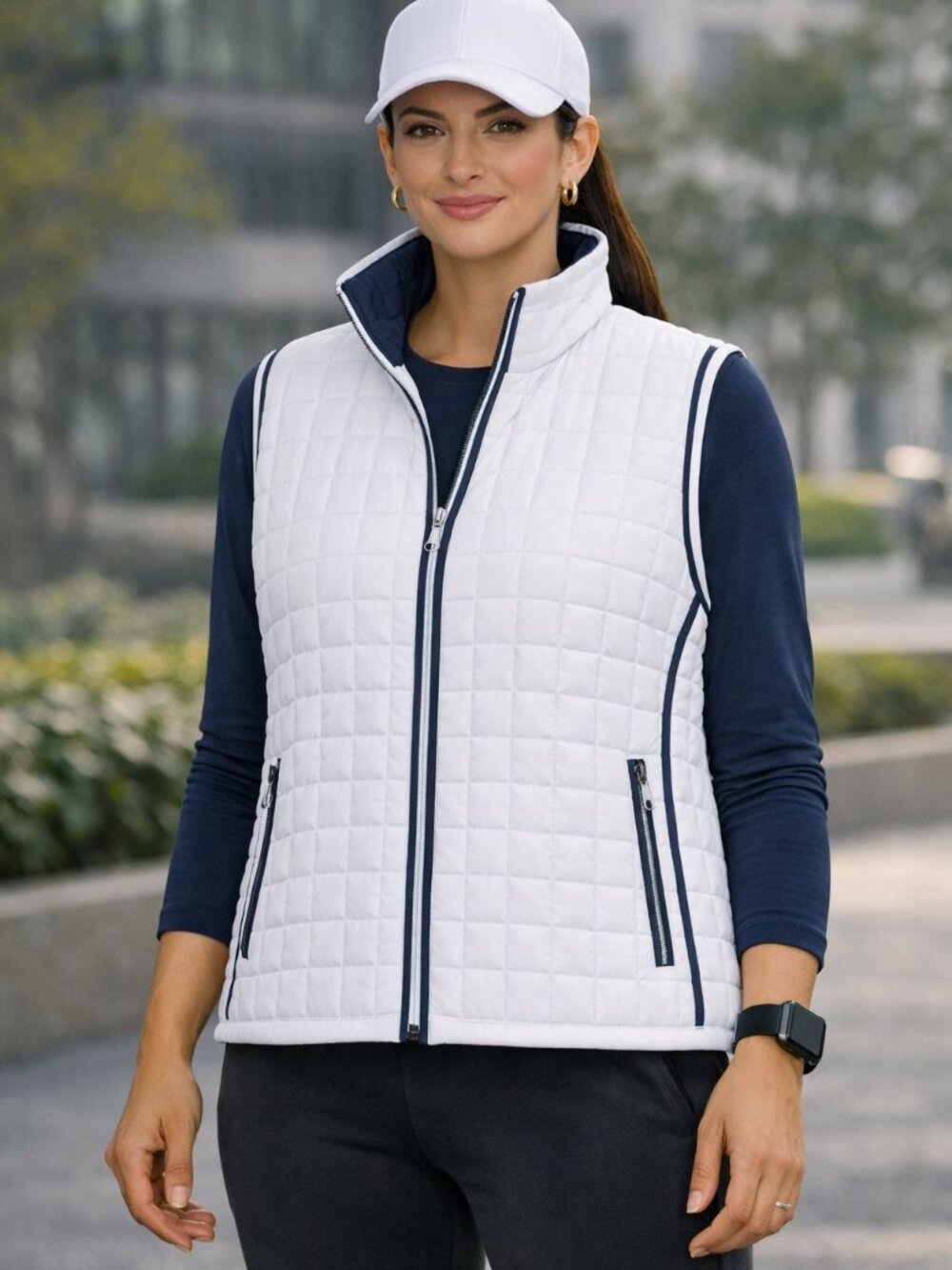 Coldwater Creek Quilted All Weather Reversible Navy & White Vest with Pockets L